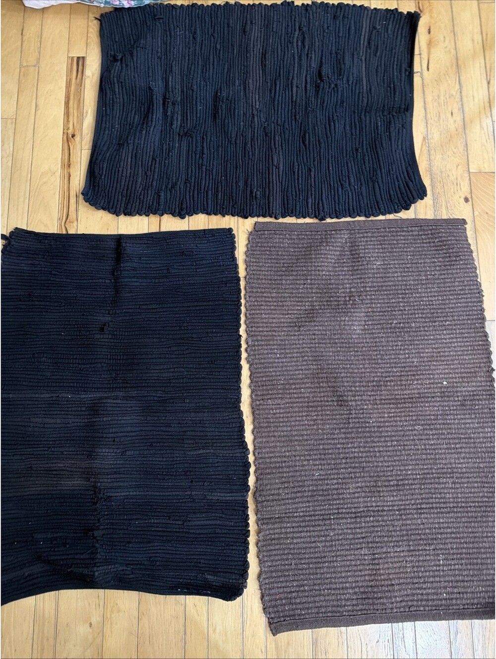 Lot 3 VTG Rag Rugs Black Brown Area Throw Rustic Farm Country Washable Neutral
